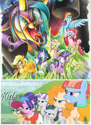 Size: 624x864 | Tagged: safe, artist:andypriceart, artist:caelynmlp, edit, editor:caelynmlp, imported from derpibooru, applejack, cloudy quartz, cookie crumbles, fluttershy, pear butter, pinkie pie, posey shy, queen chrysalis, rainbow dash, rarity, twilight sparkle, twilight velvet, windy whistles, changeling, changeling queen, earth pony, pegasus, pony, unicorn, angry, changeling slime, clothes, eyes closed, female, floppy ears, flying, frown, glare, glasses, gritted teeth, horrified, implied resurrection, jewelry, lidded eyes, mama bear, mane six, mare, marshmelodrama, messy, mom six, mother, necklace, open mouth, pulling, raised hoof, raised leg, smiling, spread wings, stuck, text, this will end in pain, tongue out, underhoof, unicorn twilight, wide eyes, wings