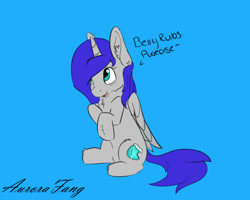 Size: 1000x800 | Tagged: safe, artist:aurorafang, imported from derpibooru, oc, oc only, alicorn, alicorn oc, bellyrub request, blue mane, solo