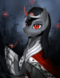 Size: 2552x3323 | Tagged: safe, artist:dezdark, imported from derpibooru, king sombra, pony, unicorn, femboy, handsome, hoof hold, male, pipe, red eyes, shadow, slit eyes, slit pupils, smiling, solo, stallion, stupid sexy sombra