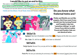 Size: 1366x1000 | Tagged: safe, edit, edited screencap, imported from derpibooru, screencap, aloe, lotus blossom, marble pie, pinkie pie, pound cake, pumpkin cake, a flurry of emotions, baby cakes, hearthbreakers, it isn't the mane thing about you, nick confalone, spa twins, text, twins