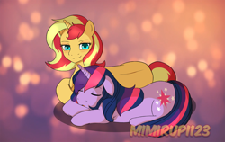 Size: 3328x2100 | Tagged: safe, artist:mimirupi123, imported from derpibooru, sci-twi, sunset shimmer, twilight sparkle, pony, unicorn, equestria girls, cute, cutie mark, equestria girls ponified, female, floppy ears, lesbian, ponified, scitwishimmer, shipping, sleeping, smiling, snuggling, sunsetsparkle, twiabetes, unicorn sci-twi