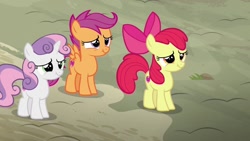 Size: 1280x720 | Tagged: safe, imported from derpibooru, screencap, apple bloom, scootaloo, sweetie belle, hard to say anything, apple bloom's bow, bow, cute, cutie mark, cutie mark crusaders, grass, hair bow, rock, scrunchy face, shadow, spread wings, the cmc's cutie marks, wings