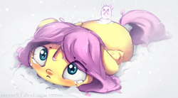 Size: 1600x883 | Tagged: safe, artist:sverre93, imported from derpibooru, fluttershy, mouse, pegasus, pony, blushing, cute, female, floppy ears, looking up, mare, shyabetes, snow, wings