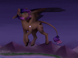 Size: 1024x768 | Tagged: safe, artist:itsizzybel, imported from derpibooru, oc, oc only, oc:evening howler, pony, colored wings, female, flying, mare, multicolored wings, night, solo