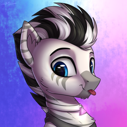 Size: 3000x3000 | Tagged: safe, artist:setharu, imported from derpibooru, oc, oc only, oc:zerus, zebra, :p, beard, bust, cheek fluff, collar, ear fluff, facial hair, male, portrait, silly, smiling, solo, stallion, tongue out, zebra oc