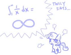 Size: 1014x790 | Tagged: artist needed, safe, alternate version, imported from derpibooru, twilight sparkle, pony, unicorn, angry, calculus, fancy mathematics, female, filly, glare, index get, infinity symbol, integral, looking at you, math, mathematics in the comments, monochrome, open mouth, simple background, sketch, solo, white background, yelling