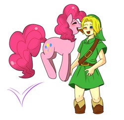 Size: 1024x990 | Tagged: safe, artist:hosikawa, imported from derpibooru, pinkie pie, earth pony, pony, boots, crossover, duo, face licking, female, licking, link, male, mare, nintendo, shoes, simple background, the legend of zelda, tunic, white background