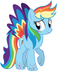 Size: 5369x6712 | Tagged: safe, artist:illumnious, imported from derpibooru, rainbow dash, pegasus, pony, absurd resolution, alternate design, colored wings, female, multicolored hair, multicolored wings, rainbow power, rainbow wings, rainbows, simple background, smiling, solo, transparent background