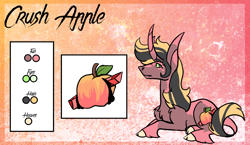 Size: 2232x1296 | Tagged: safe, artist:thebigearredbat, imported from derpibooru, oc, oc only, oc:crush apple, classical unicorn, unicorn, big ears, chest fluff, cloven hooves, curved horn, leonine tail, magical gay spawn, male, offspring, parent:big macintosh, parent:king sombra, parents:sombratosh, reference sheet, solo, stallion, unshorn fetlocks