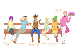 Size: 4721x3154 | Tagged: safe, artist:annon, imported from derpibooru, apple cobbler, apple honey, apple tarty, braeburn, gala appleby, lavender fritter, perfect pie, human, apple cider, apple family member, food, humanized