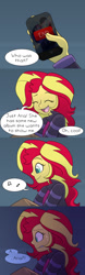 Size: 540x1728 | Tagged: safe, artist:little-tweenframes, deleted from derpibooru, imported from derpibooru, sci-twi, sunset shimmer, twilight sparkle, comic:aria's archives, series:sciset diary, equestria girls, clothes, comic, iphone, sweat