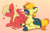 Size: 1244x809 | Tagged: safe, artist:marsminer, imported from derpibooru, oc, oc only, oc:melodis, oc:yaktan, earth pony, pegasus, pony, eyes closed, female, floating heart, gradient background, heart, male, melotan, on side, preening, prone, side, smiling