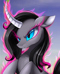 Size: 1446x1764 | Tagged: safe, artist:pridark, imported from derpibooru, part of a set, oleander, classical unicorn, them's fightin' herds, aura, bust, community related, curved horn, dark magic, female, horn, magic, oleander (tfh), portrait, solo