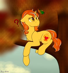 Size: 3280x3516 | Tagged: safe, artist:marsh-mal-oh, imported from derpibooru, oc, oc only, oc:cinderheart, pony, unicorn, autumn, female, floppy ears, golden eyes, high res, leaf, mare, question mark, simple background, sitting, solo, tree, tree branch, ych result