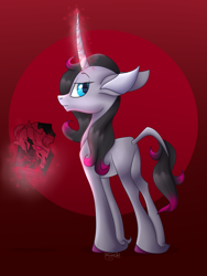 Size: 2147x2853 | Tagged: safe, artist:0darky0, imported from derpibooru, oleander, classical unicorn, unicorn, them's fightin' herds, book, cloven hooves, community related, dark magic, female, leonine tail, levitation, magic, oleander (tfh), signature, solo, spellbook, telekinesis, unicornomicon, unshorn fetlocks