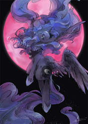 Size: 700x990 | Tagged: safe, artist:kuzumori, imported from derpibooru, princess luna, alicorn, pony, blood moon, commission, female, flying, mare, moon, solo, watermark