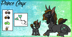 Size: 2522x1296 | Tagged: safe, artist:thebigearredbat, imported from derpibooru, oc, oc only, oc:prince onyx, classical unicorn, unicorn, big ears, cloven hooves, colt, leonine tail, magical gay spawn, male, offspring, parent:cheese sandwich, parent:king sombra, parents:cheesombra, reference sheet, solo, stallion, tongue out, unshorn fetlocks