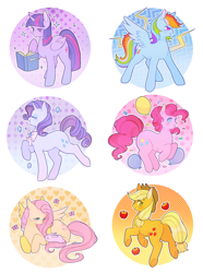 Size: 2250x3028 | Tagged: dead source, safe, artist:serafelis, imported from derpibooru, applejack, fluttershy, pinkie pie, rainbow dash, rarity, twilight sparkle, alicorn, earth pony, pegasus, pony, rabbit, unicorn, apple, balloon, book, bow, female, food, high res, mane six, mare, twilight sparkle (alicorn)