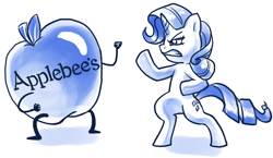 Size: 724x421 | Tagged: safe, artist:mod human in ponyville, imported from derpibooru, rarity, pony, unicorn, ask human in ponyville, apple, applebee's, bipedal, female, fight, food, funny, mare, martial artist rarity, meme, monochrome, rarity fighting a giant applebee's, request, simple background, white background