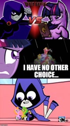 Size: 500x902 | Tagged: safe, imported from derpibooru, twilight sparkle, book, death battle, death battle!: raven vs twilight sparkle, exploitable meme, meme, raven (dc comics), raven (teen titans), teen titans, teen titans go