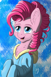 Size: 1797x2675 | Tagged: safe, artist:cluvry, imported from derpibooru, pinkie pie, earth pony, pony, clothes, curly hair, female, happy, hoodie, looking up, mare, simple background, solo