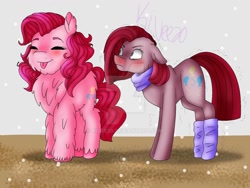 Size: 1024x768 | Tagged: safe, artist:kivee20, imported from derpibooru, pinkie pie, pony, chest fluff, clothes, duality, fluffy, pinkamena diane pie, scarf, socks, tongue out, watermark