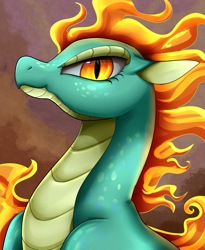 Size: 1443x1764 | Tagged: safe, artist:pridark, imported from derpibooru, part of a set, tianhuo, longma, them's fightin' herds, bust, community related, female, fire, mane of fire, portrait, slit eyes, slit pupils, solo, tianhuo (tfh)