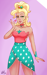 Size: 700x1125 | Tagged: safe, artist:emberfan11, imported from derpibooru, applejack, human, alternate hairstyle, applejewel, choker, clothes, dress, eyeshadow, female, freckles, heart, humanized, lipstick, makeup, nail polish, smiling, solo