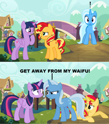 Size: 1184x1344 | Tagged: safe, artist:themexicanpunisher, imported from derpibooru, sunset shimmer, trixie, twilight sparkle, alicorn, equestria girls, equestria girls series, forgotten friendship, bridge, female, jealous, lesbian, ponyville, romantic jealousy, shipping, suntrix, twilight sparkle (alicorn), waifu