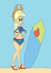 Size: 1897x2721 | Tagged: safe, artist:hunterxcolleen, imported from derpibooru, applejack, human, equestria girls, beach, belly button, bikini, clothes, feet, humanized, sandals, surfboard, swimsuit