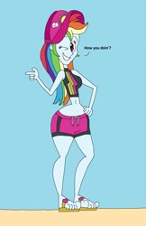 Size: 1705x2633 | Tagged: safe, artist:hunterxcolleen, imported from derpibooru, rainbow dash, human, equestria girls, beach, belly button, bikini, bikini top, cap, clothes, feet, hat, humanized, one eye closed, sandals, swimming trunks, swimsuit, talking, wink