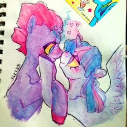 Size: 1943x1943 | Tagged: safe, artist:freshleaveskrnm, imported from derpibooru, tempest shadow, twilight sparkle, alicorn, my little pony: the movie, female, lesbian, shipping, tempestlight, traditional art, twilight sparkle (alicorn), watercolor painting