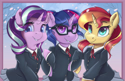Size: 8636x5588 | Tagged: safe, artist:ardail, imported from derpibooru, sci-twi, starlight glimmer, sunset shimmer, twilight sparkle, alicorn, pony, unicorn, absurd resolution, clothes, colored pupils, counterparts, cute, ear fluff, equestria girls ponified, female, glasses, glimmerbetes, mare, necktie, pleated skirt, ponified, school uniform, schoolgirl, shimmerbetes, skirt, trio, twiabetes, twilight's counterparts