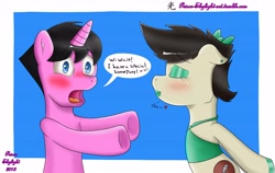 Size: 7000x4432 | Tagged: safe, artist:prince_skylight, imported from derpibooru, oc, oc only, oc:keith, oc:skylight sparkle, earth pony, pony, unicorn, absurd resolution, bipedal, blushing, bow, crossdressing, duo, ear piercing, eyes closed, eyeshadow, hair bow, kissy face, lipstick, makeup, male, piercing
