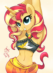 Size: 950x1300 | Tagged: safe, artist:joakaha, imported from derpibooru, sunset shimmer, anthro, unicorn, equestria girls series, forgotten friendship, adorasexy, armpits, belly button, breasts, clothes, cute, female, sexy, signature, simple background, smiling, solo, swimsuit, white background