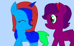 Size: 1280x800 | Tagged: safe, artist:jazzystarlover, imported from derpibooru, oc, oc only, oc:crystal (sch01), alicorn, pegasus, pony, alicorn oc, duo, eyes closed, happy, looking at each other, looking back, ponysona, simple background, smiling, walking