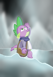 Size: 1296x1879 | Tagged: safe, artist:alltheworldbronyf, imported from derpibooru, spike, dragon, clothes, cold, light, male, shadow, solo, winter