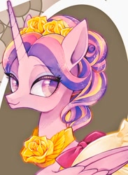 Size: 457x625 | Tagged: safe, artist:sibashen, imported from derpibooru, princess cadance, alicorn, pony, bow, clothes, dress, female, headband, looking at you, makeup, mare, solo