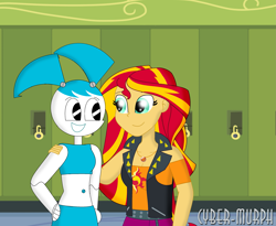 Size: 2479x2032 | Tagged: safe, artist:cyber-murph, imported from derpibooru, sunset shimmer, robot, equestria girls, bare shoulders, canterlot high, clothes, crossover, geode of empathy, hallway, hand on hip, hand on shoulder, hands on hip, jenny wakeman, lockers, midriff, my life as a teenage robot, signature