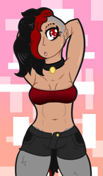 Size: 533x914 | Tagged: safe, artist:lazerblues, imported from derpibooru, oc, oc only, oc:bella, satyr, arm behind head, armpits, collar, denim shorts, ear piercing, eyebrow slit, eyebrows, jorts, nose piercing, parent:oc:miss eri, piercing, solo, undercut