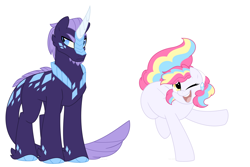 Size: 1500x1000 | Tagged: safe, artist:faith-wolff, imported from derpibooru, oc, oc only, dracony, earth pony, hybrid, pony, colored hooves, commission, duo, facial hair, female, goatee, interspecies offspring, magical lesbian spawn, male, mare, offspring, one eye closed, parent:pinkie pie, parent:rainbow dash, parent:rarity, parent:spike, parents:pinkiedash, parents:sparity, scales, simple background, stallion, unshorn fetlocks, white background