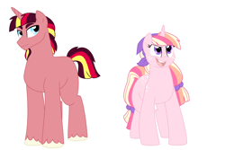 Size: 1500x1000 | Tagged: safe, artist:faith-wolff, imported from derpibooru, oc, oc only, unicorn, bandana, commission, duo, female, hair tie, half-siblings, magical lesbian spawn, male, mare, offspring, parent:applejack, parent:sunset shimmer, parent:twilight sparkle, parents:sunsetsparkle, parents:twijack, simple background, stallion, white background