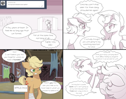 Size: 2560x2020 | Tagged: safe, artist:little-tweenframes, deleted from derpibooru, imported from derpibooru, applejack, sunset shimmer, earth pony, pony, unicorn, comic:spiraling together, alternate hairstyle, alternate universe, cast, comic, sunjackspiral