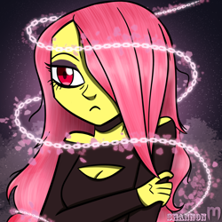 Size: 1920x1920 | Tagged: safe, artist:mlp-firefox5013, imported from derpibooru, fluttershy, equestria girls, chains, clothes, female, flutterbat, red eyes, solo