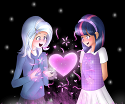 Size: 2400x2000 | Tagged: safe, artist:rmariansj, imported from derpibooru, trixie, twilight sparkle, human, clothes, female, hands behind back, heart, humanized, lesbian, open mouth, shipping, twixie