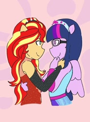 Size: 703x948 | Tagged: safe, artist:horsegirlpodcast, imported from derpibooru, sci-twi, sunset shimmer, twilight sparkle, equestria girls, equestria girls series, forgotten friendship, female, lesbian, looking at each other, ponied up, scitwishimmer, shipping, smiling, sunsetsparkle