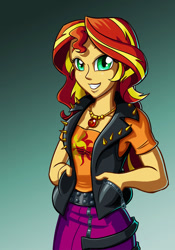 Size: 882x1260 | Tagged: safe, artist:sanity-x, imported from derpibooru, sunset shimmer, equestria girls, equestria girls series, forgotten friendship, clothes, female, gradient background, smiling, solo, spikes