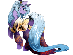 Size: 2689x2025 | Tagged: safe, artist:dormin-dim, artist:dormin-kanna, imported from derpibooru, oc, oc only, oc:loopina, pony, unicorn, clothes, dress, female, horn, kimono (clothing), looking back, mare, raised hoof, simple background, solo, transparent background, underhoof, unicorn oc