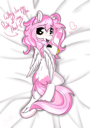 Size: 2480x3507 | Tagged: safe, artist:saralien, imported from derpibooru, oc, oc only, oc:saralien, pegasus, pony, bed, blushing, coat markings, cute, dialogue, ear fluff, female, frog (hoof), heart, heart eyes, looking at you, looking back, looking back at you, lying down, mare, on bed, open mouth, pillow, prone, solo, underhoof, wingding eyes