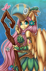 Size: 1155x1785 | Tagged: safe, artist:bumblebun, imported from derpibooru, part of a set, fluttershy, anthro, butterfly, pegasus, a health of information, blue background, druid, fantasy class, female, flower, flower in hair, flutterdruid, healer's mask, hope, leaf clothing, looking at you, looking back, looking over shoulder, mare, mask, simple background, solo, staff, watermark